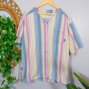 Vtg Y2K Oversized Streetwear 90s Pastel Stripe Primary Colors Shirt Light Spring